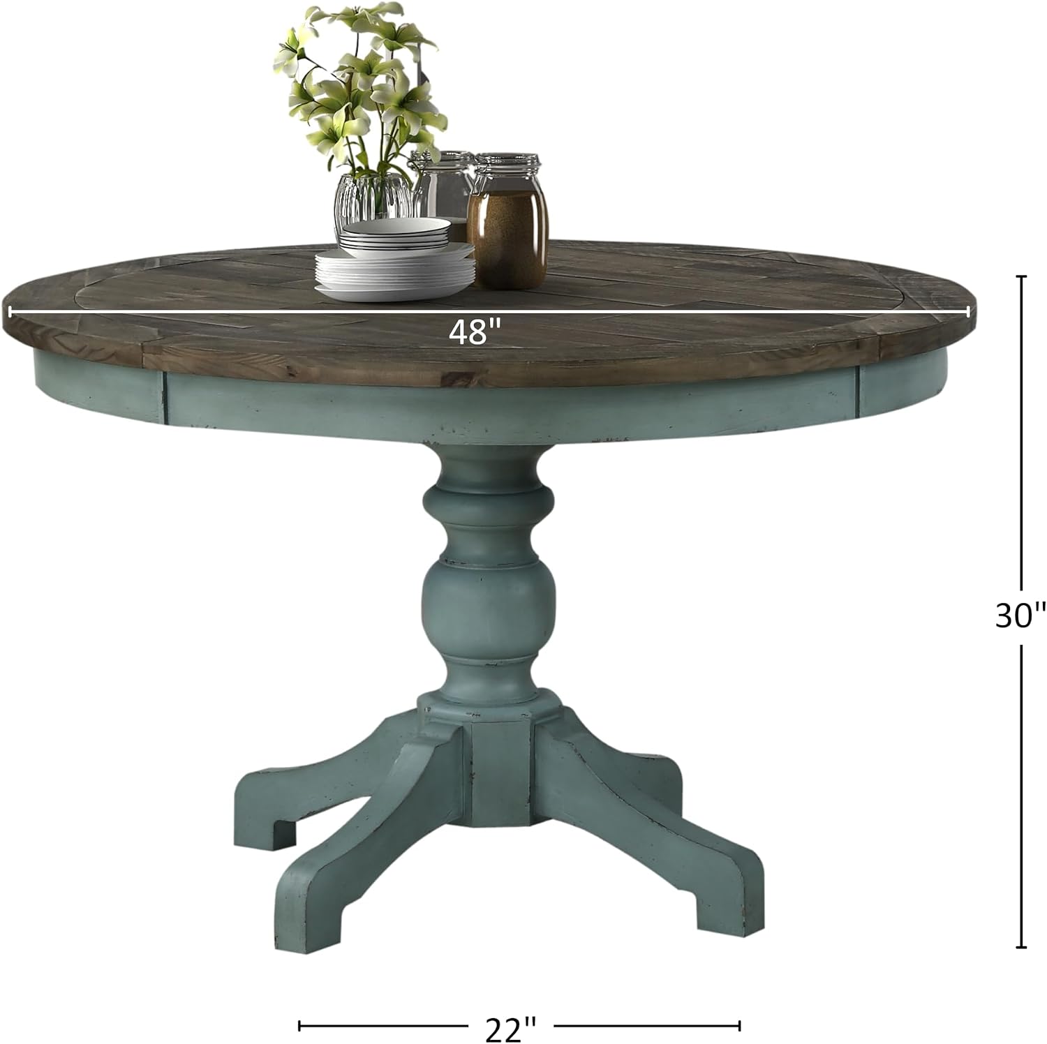 Round Farmhouse Dining Table, Two-Tone Rustic Wood with Pedestal Base