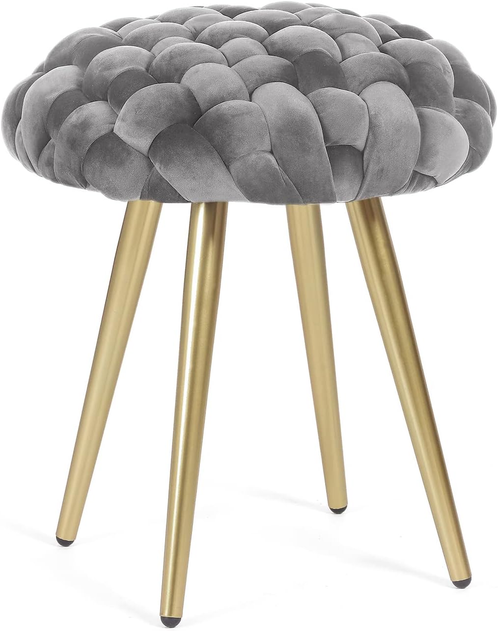 Velvet Vanity Stool, Round Ottoman with Storage & Gold Metal Base