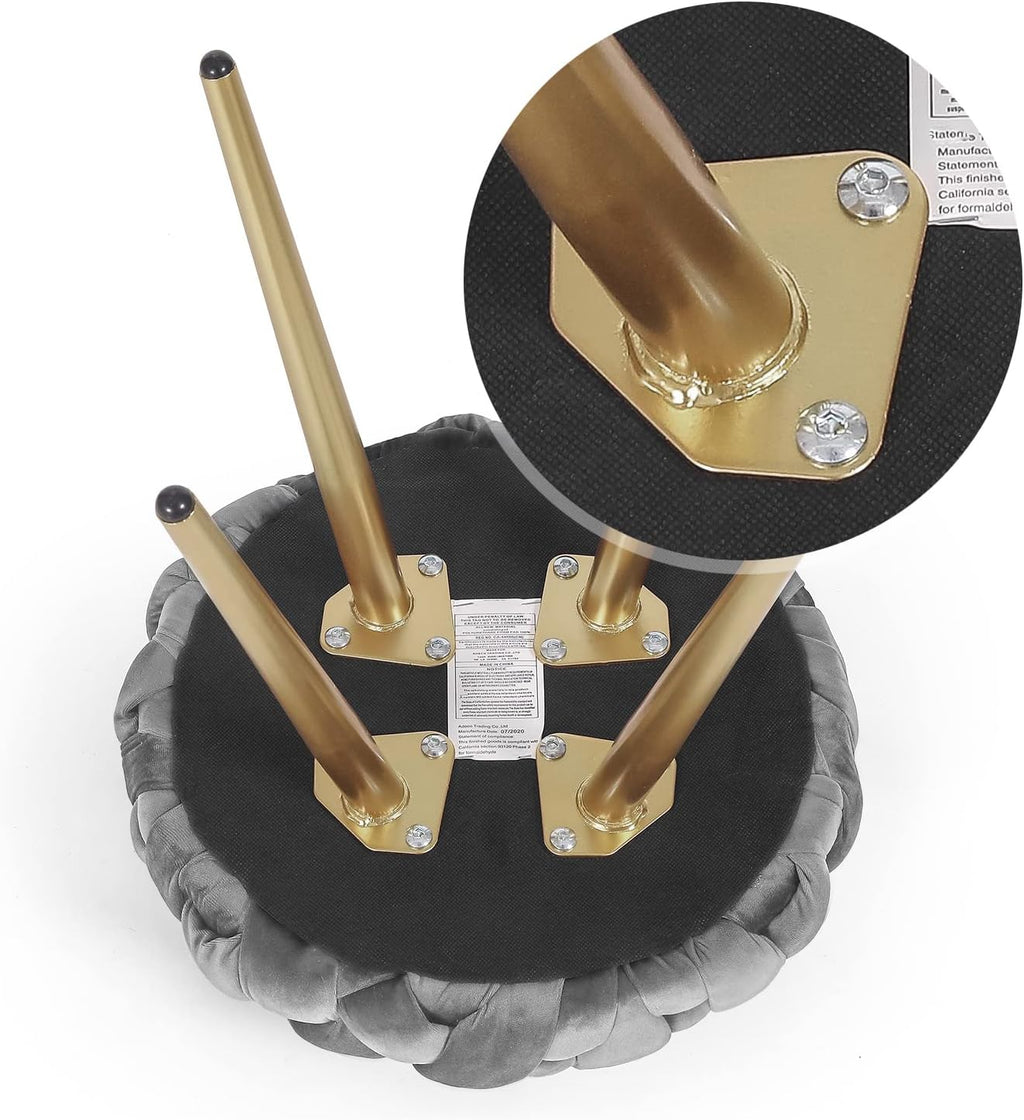 Velvet Vanity Stool, Round Ottoman with Storage & Gold Metal Base