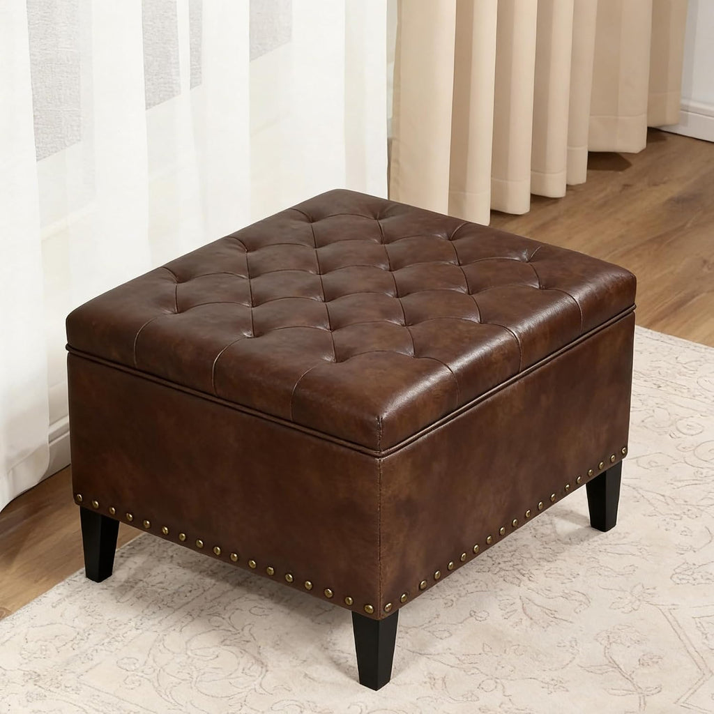 Vintage Leather Storage Ottoman, Padded Footrest & Bench