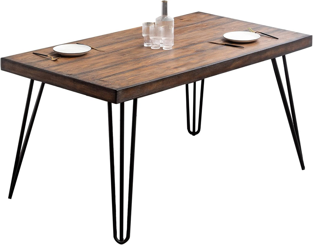 Industrial Dining Table, Rustic Wood Top with Black Hairpin Legs