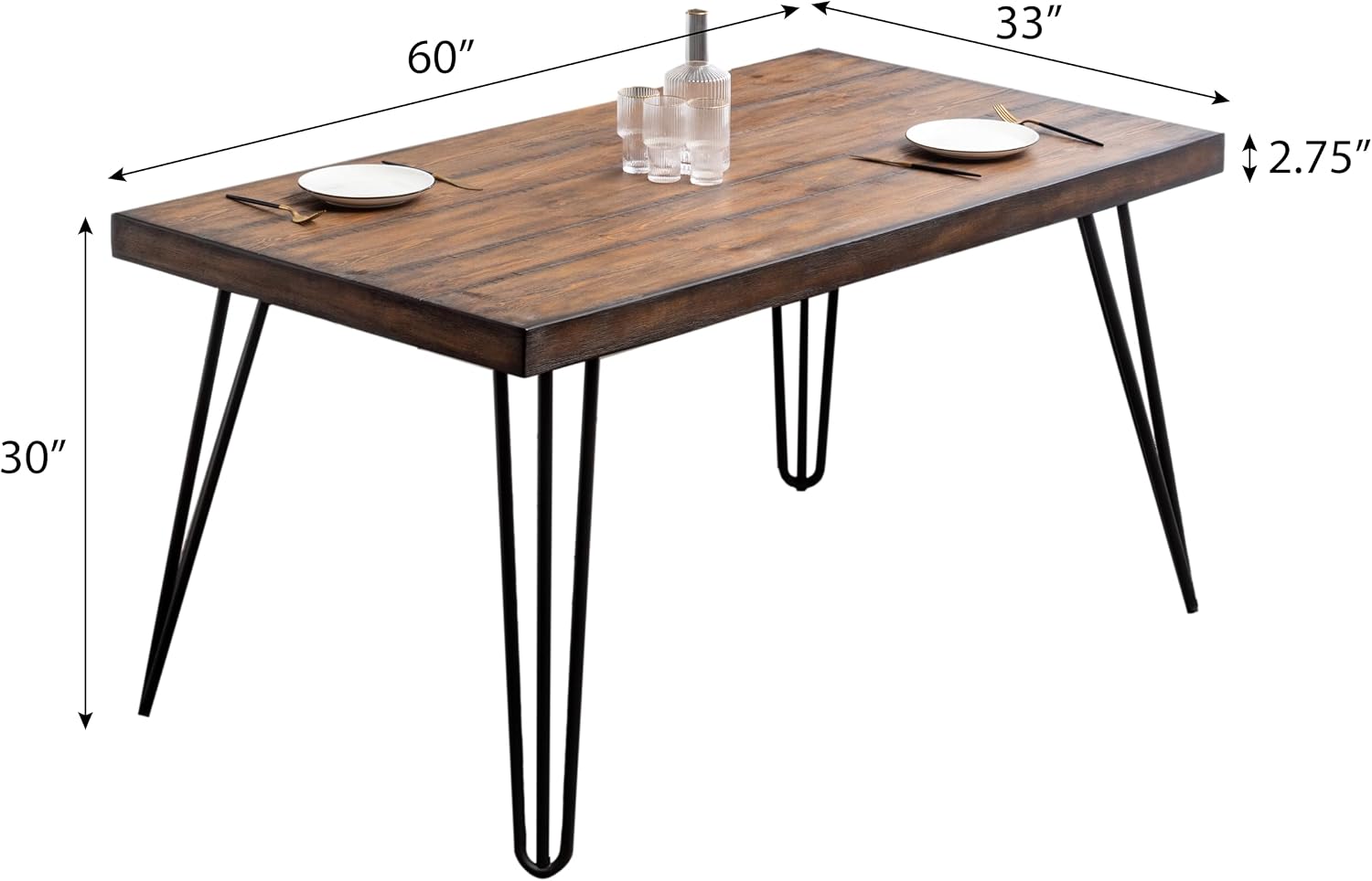 Industrial Dining Table, Rustic Wood Top with Black Hairpin Legs