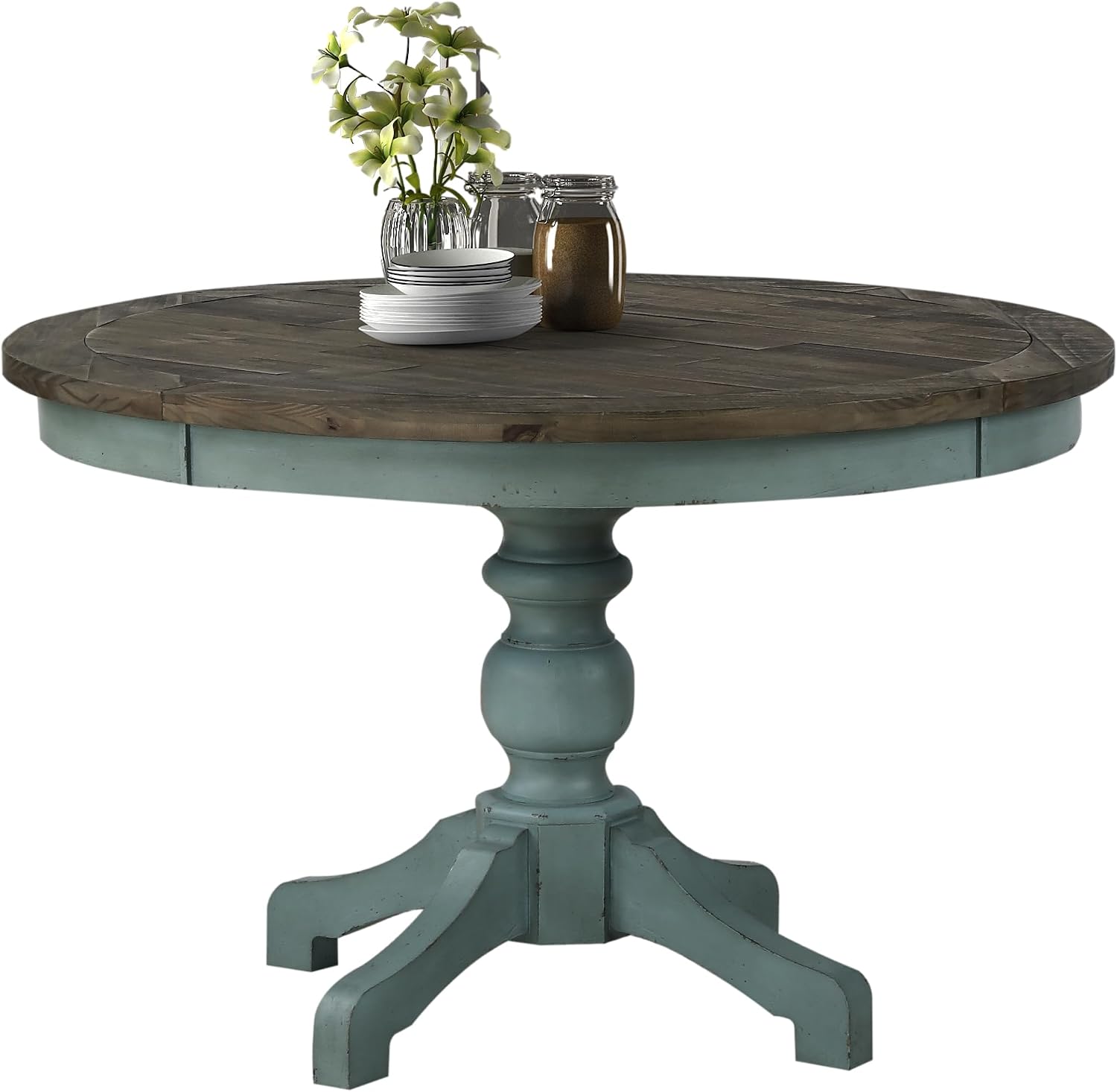 Round Farmhouse Dining Table, Two-Tone Rustic Wood with Pedestal Base