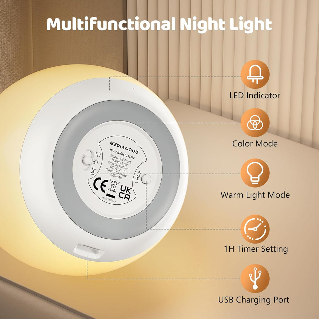 🌙 Rechargeable Touch Night Light – 8-Color Changing, Dimmable LED Nursery Lamp with 1H Timer ✨