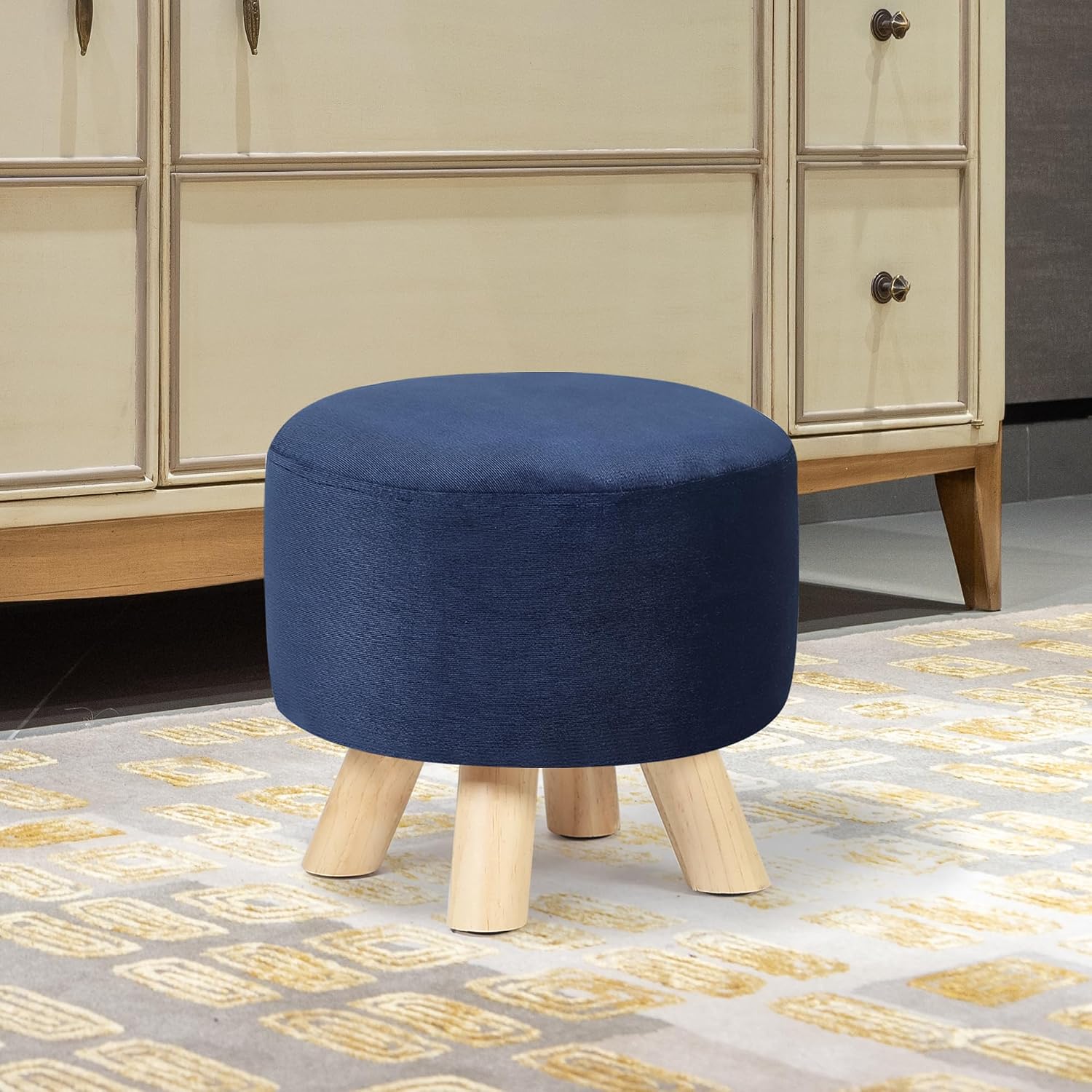 Round Velvet Ottoman Footstool – Upholstered Accent Stool for Living Room & Bedroom
