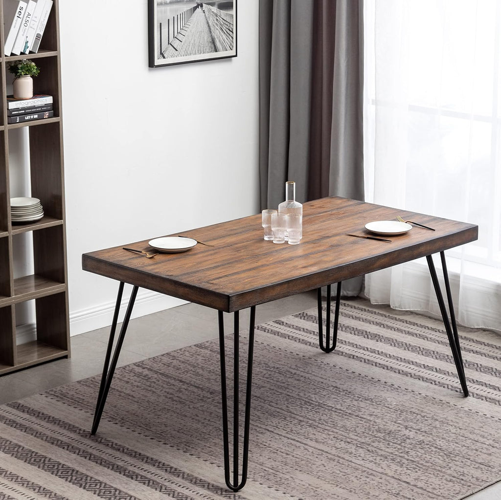Industrial Dining Table, Rustic Wood Top with Black Hairpin Legs