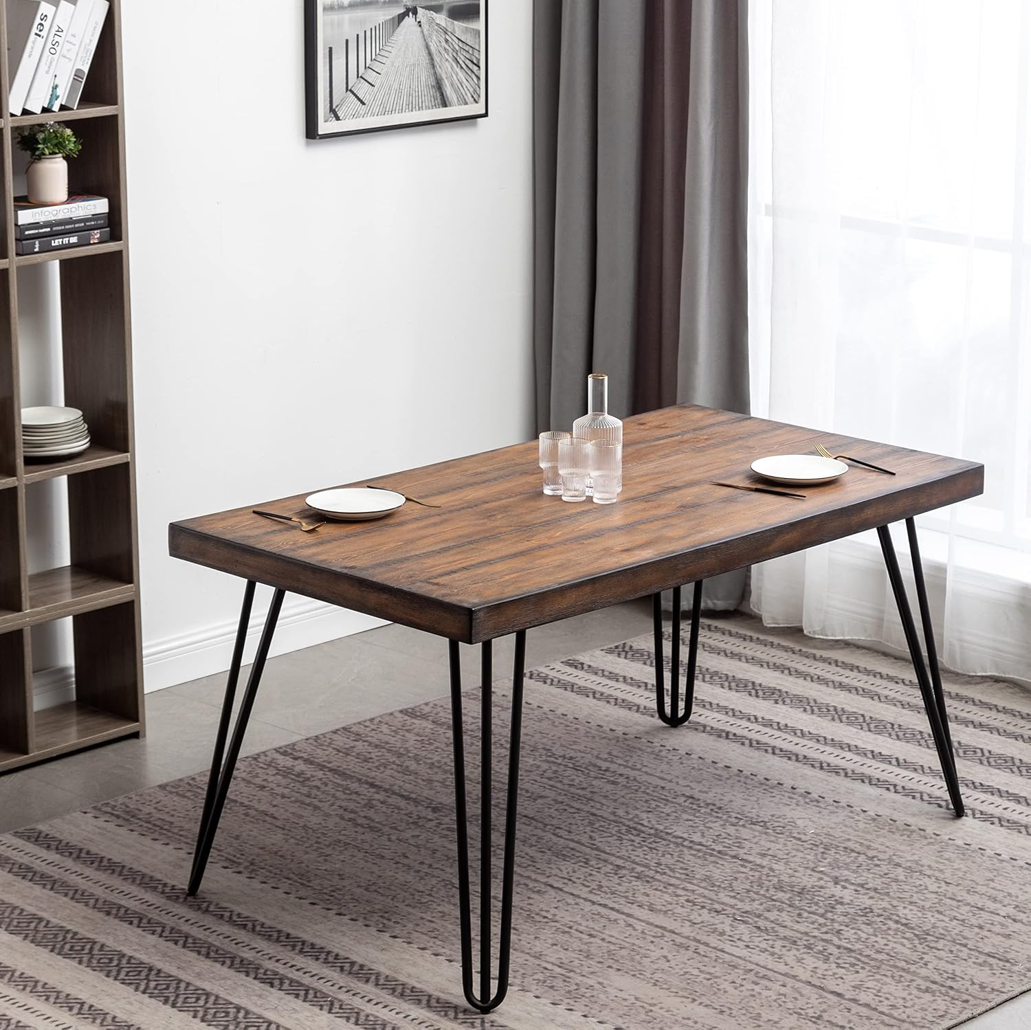 Industrial Dining Table, Rustic Wood Top with Black Hairpin Legs