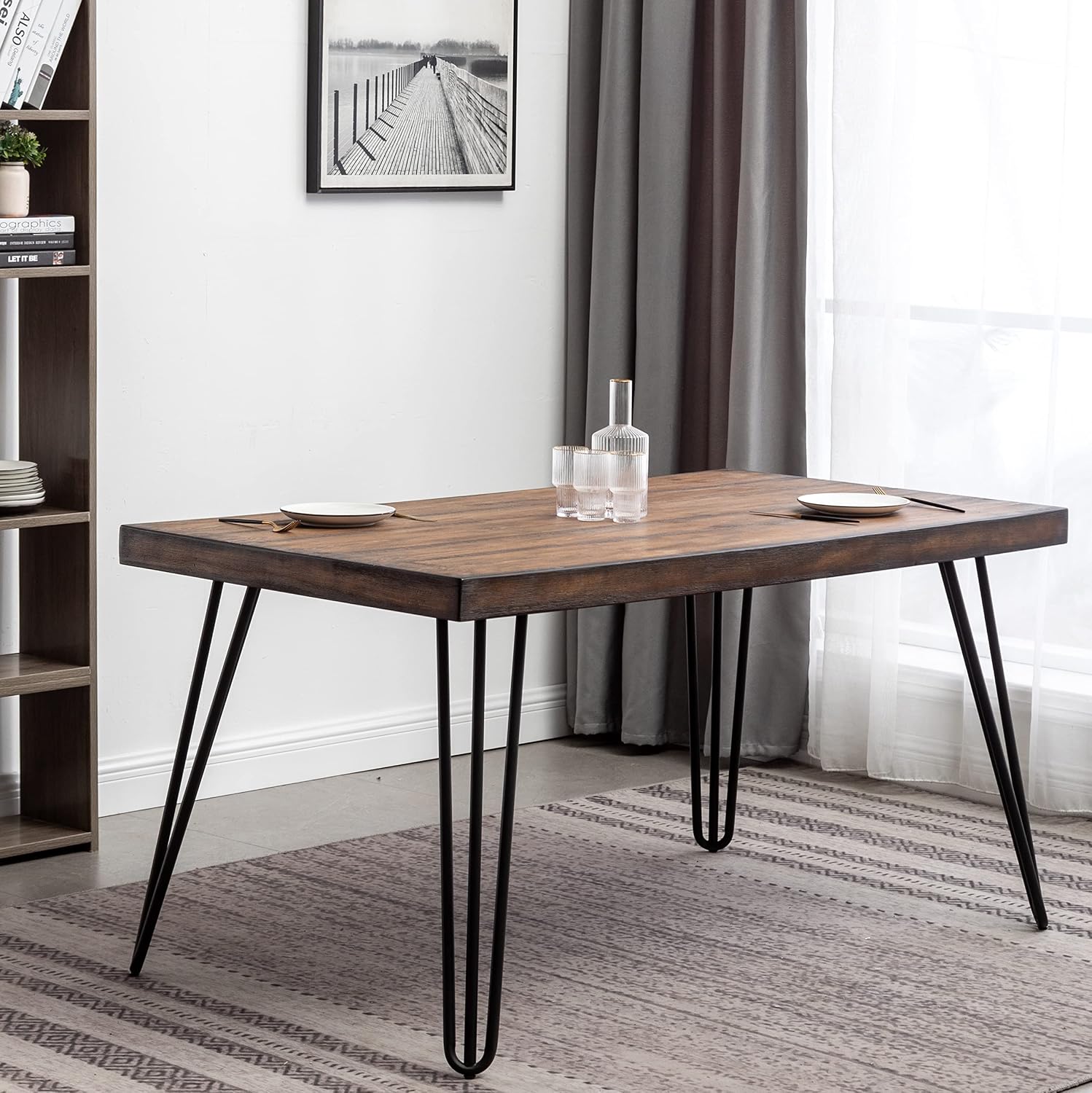 Industrial Dining Table, Rustic Wood Top with Black Hairpin Legs