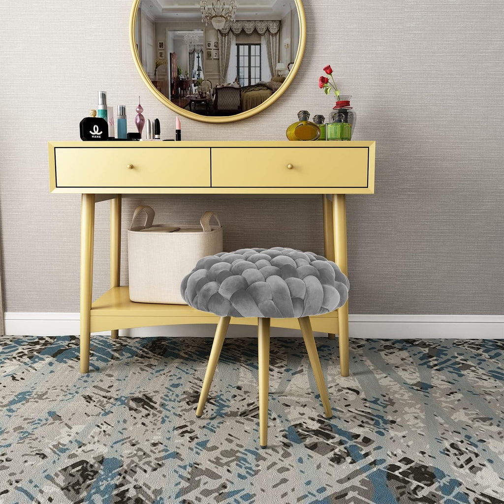Velvet Vanity Stool, Round Ottoman with Storage & Gold Metal Base