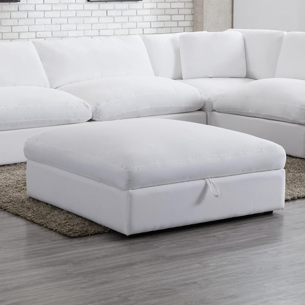 Modern Feather-Filled Storage Ottoman, Plush Upholstered Cocktail Ottoman