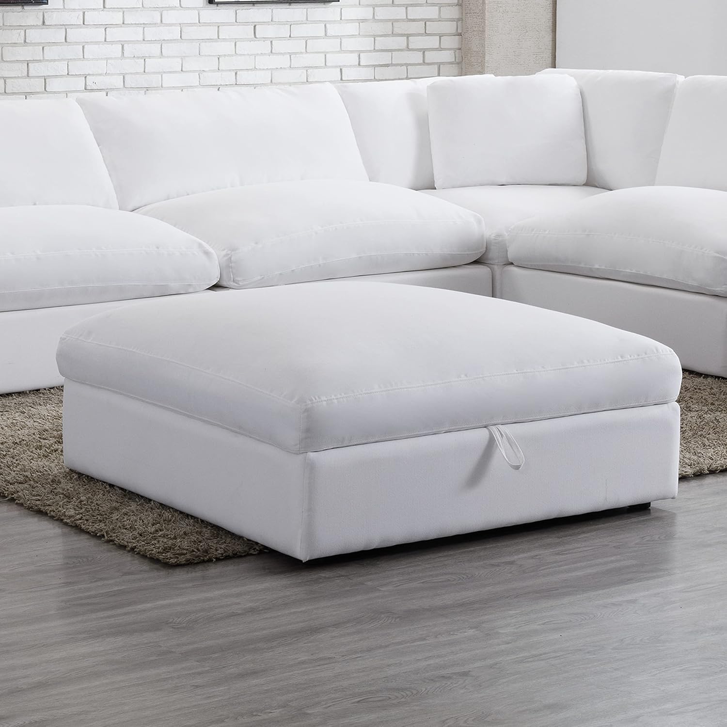 Modern Feather-Filled Storage Ottoman, Plush Upholstered Cocktail Ottoman