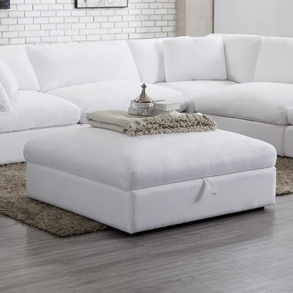 Modern Feather-Filled Storage Ottoman, Plush Upholstered Cocktail Ottoman