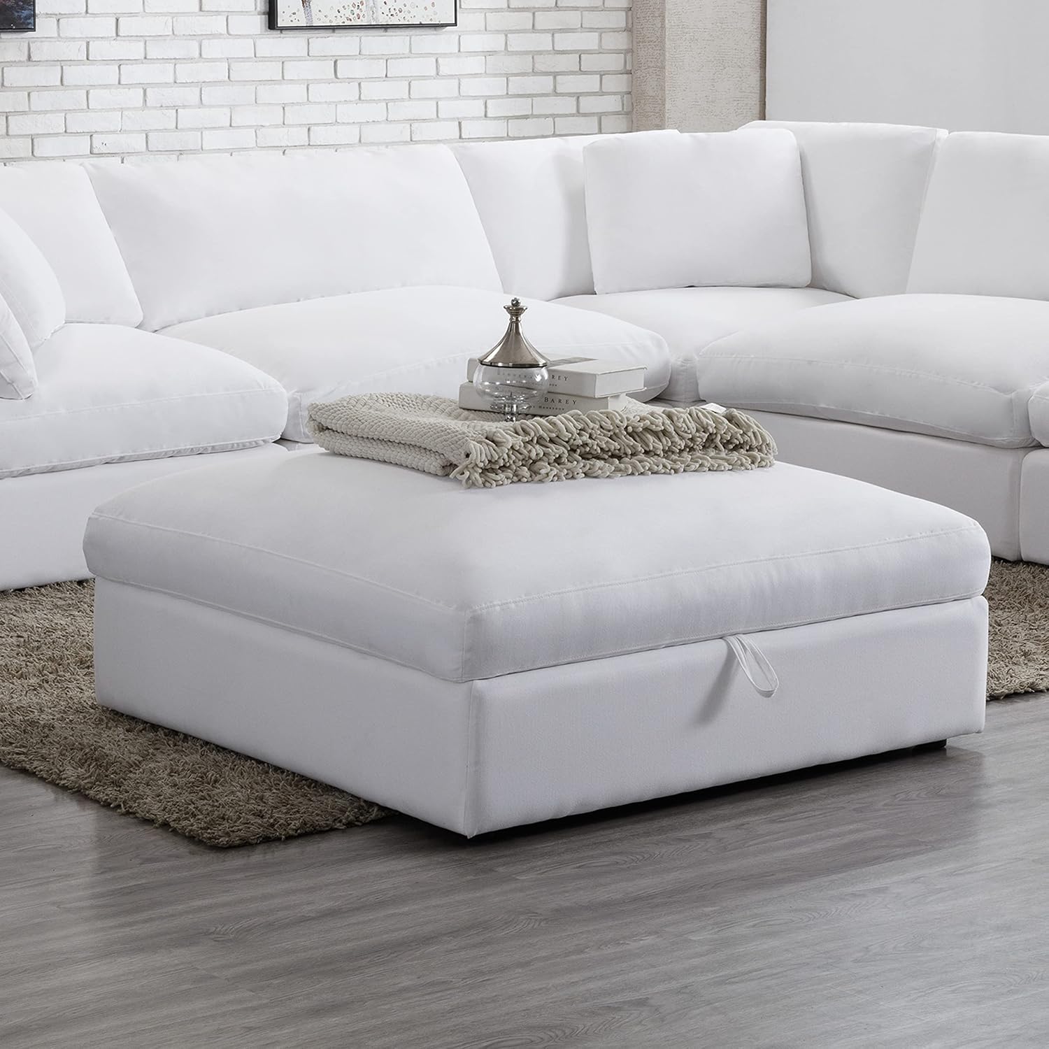 Modern Feather-Filled Storage Ottoman, Plush Upholstered Cocktail Ottoman
