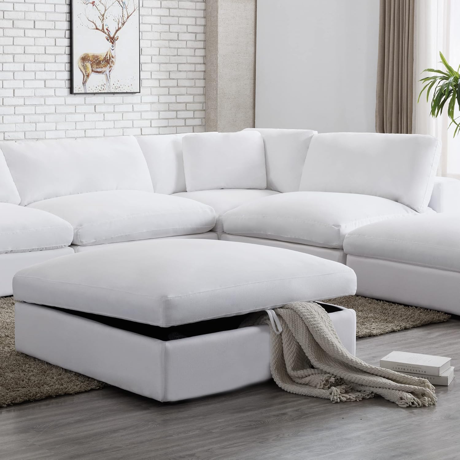 Modern Feather-Filled Storage Ottoman, Plush Upholstered Cocktail Ottoman