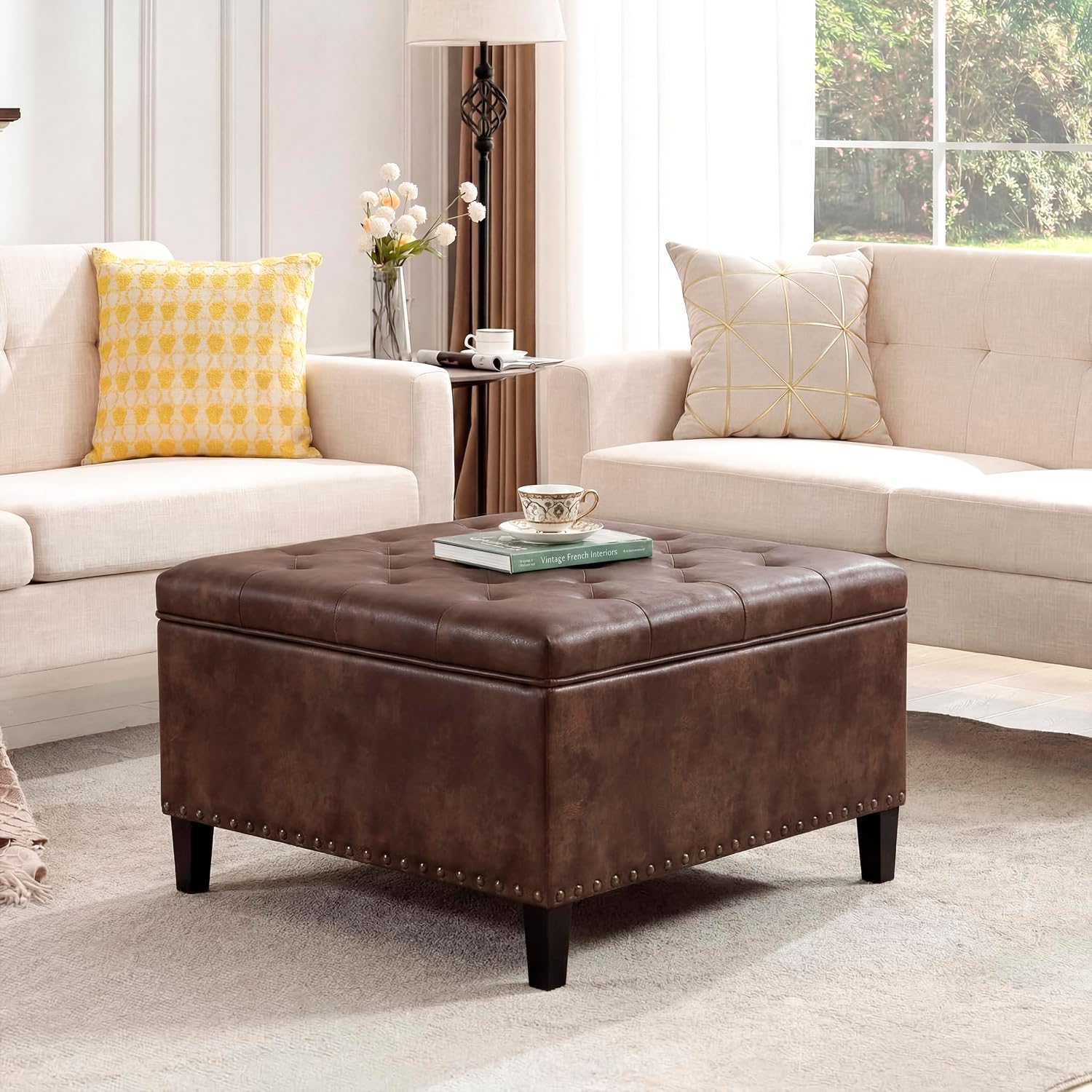 Vintage Leather Storage Ottoman, Padded Footrest & Bench