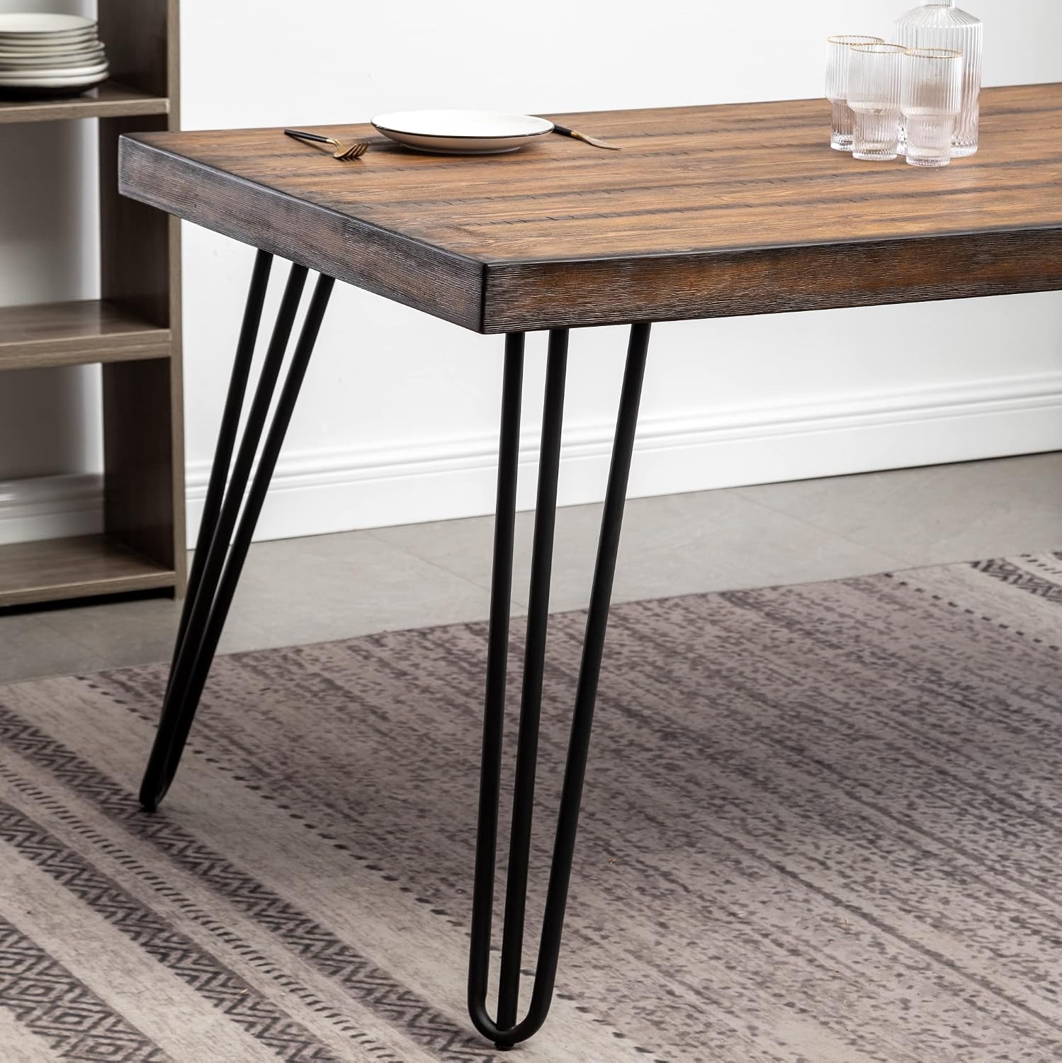 Industrial Dining Table, Rustic Wood Top with Black Hairpin Legs
