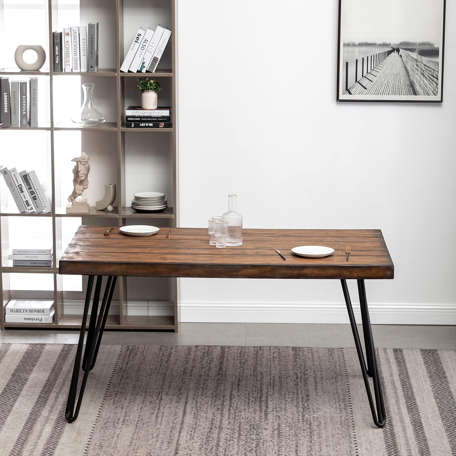 Industrial Dining Table, Rustic Wood Top with Black Hairpin Legs
