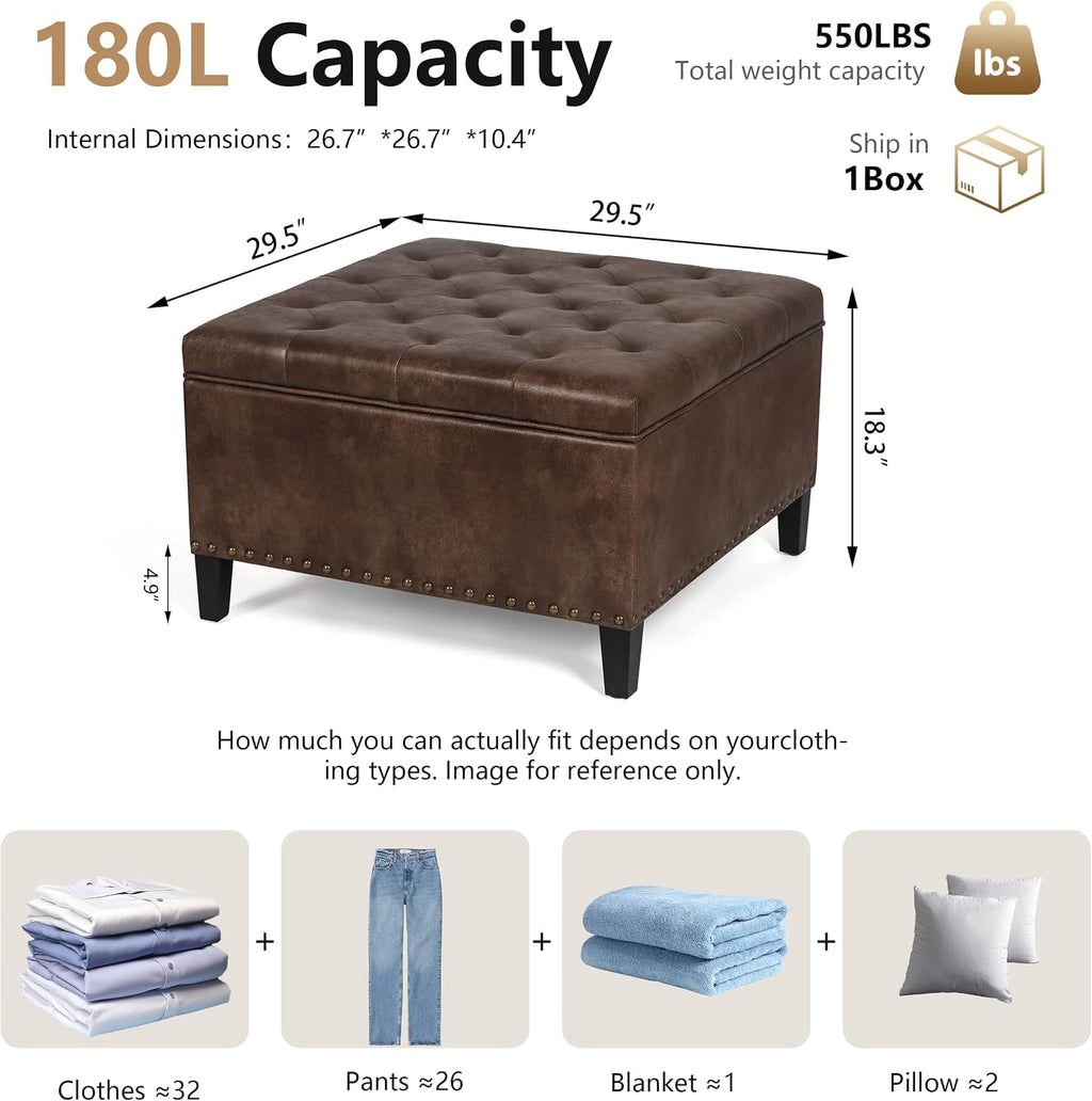 Vintage Leather Storage Ottoman, Padded Footrest & Bench