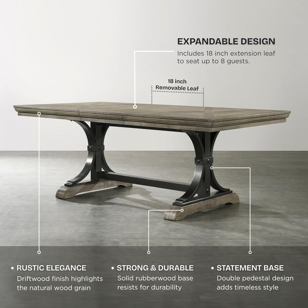 Driftwood Dining Table, Extendable Farmhouse Table with Double Pedestal Base