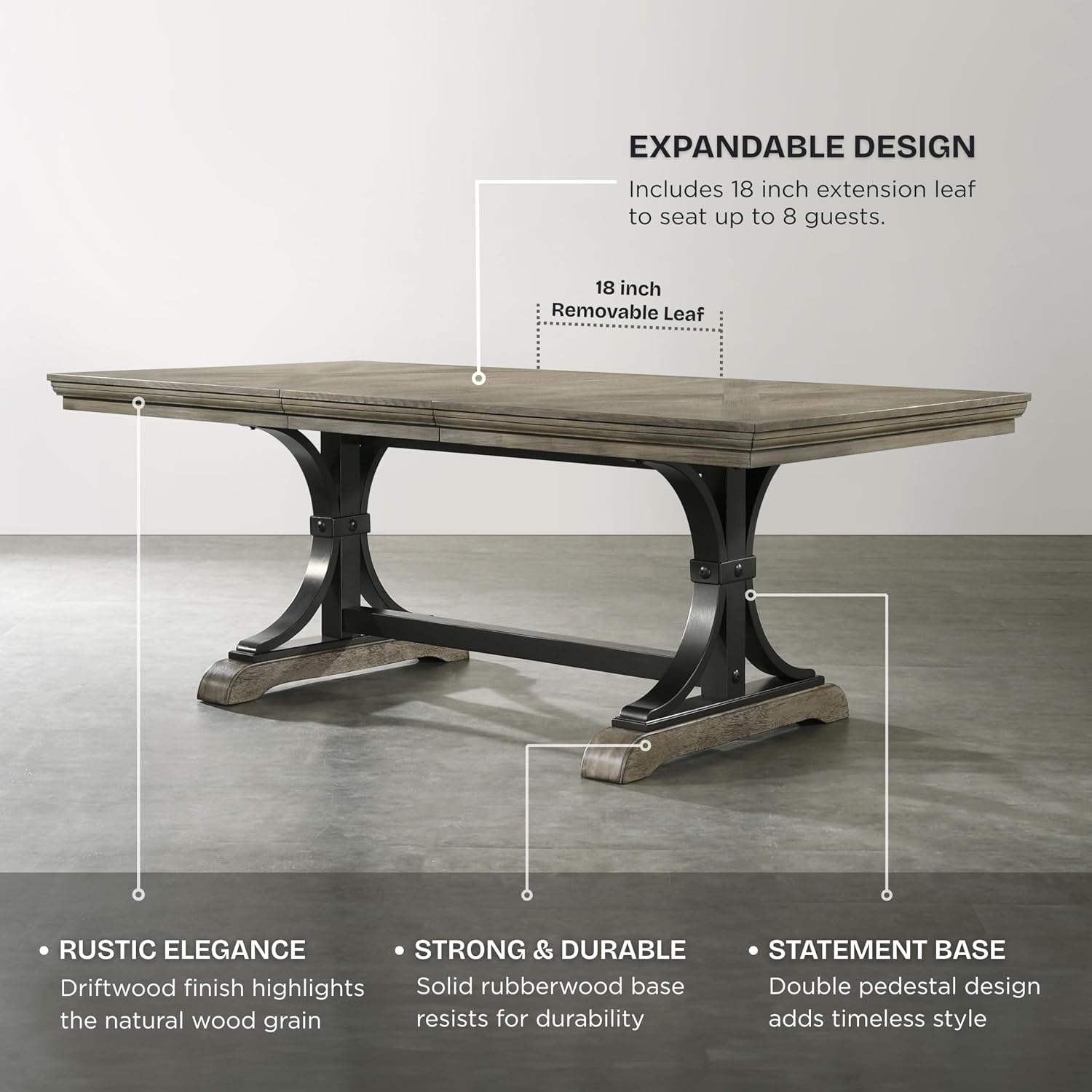 Driftwood Dining Table, Extendable Farmhouse Table with Double Pedestal Base