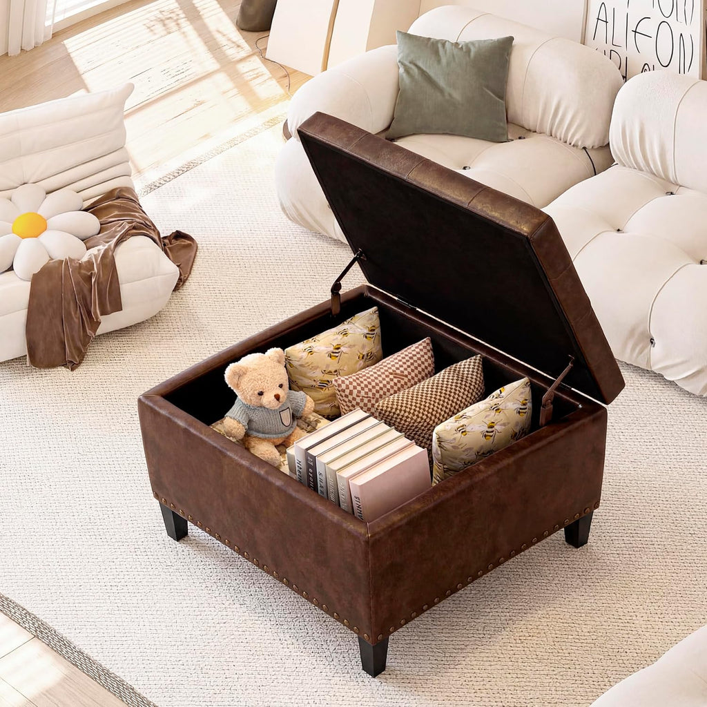 Vintage Leather Storage Ottoman, Padded Footrest & Bench
