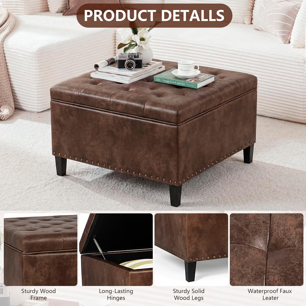 Vintage Leather Storage Ottoman, Padded Footrest & Bench