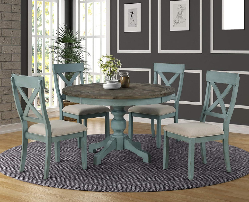 Round Farmhouse Dining Table, Two-Tone Rustic Wood with Pedestal Base