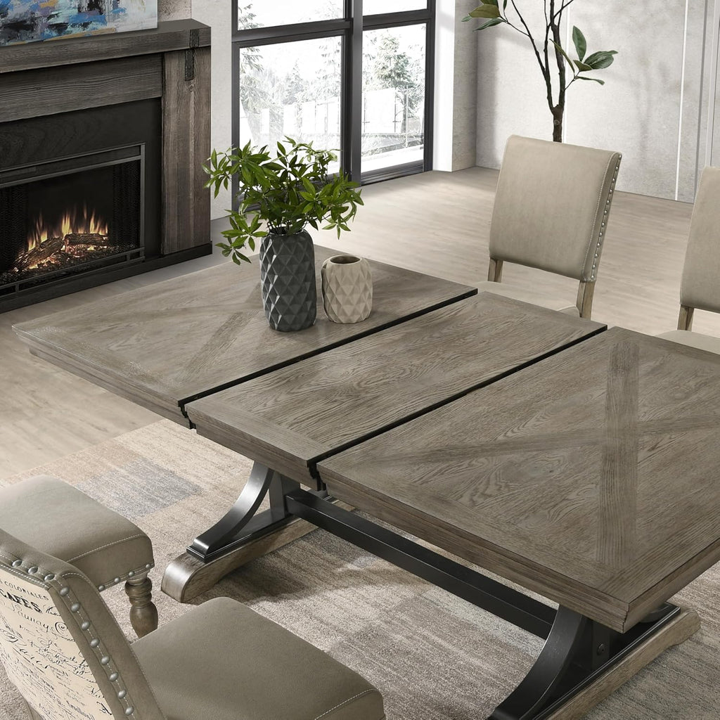 Driftwood Dining Table, Extendable Farmhouse Table with Double Pedestal Base