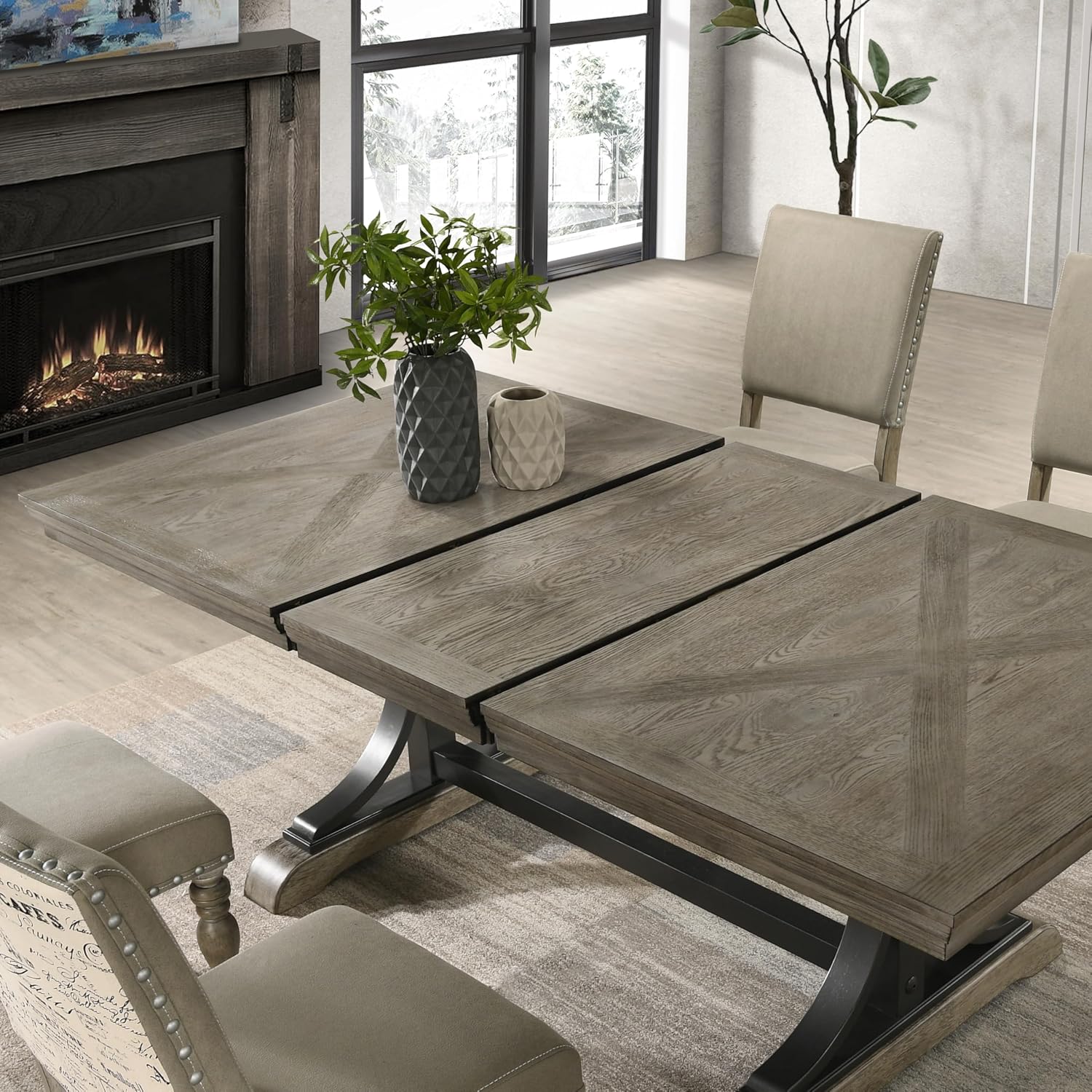 Driftwood Dining Table, Extendable Farmhouse Table with Double Pedestal Base