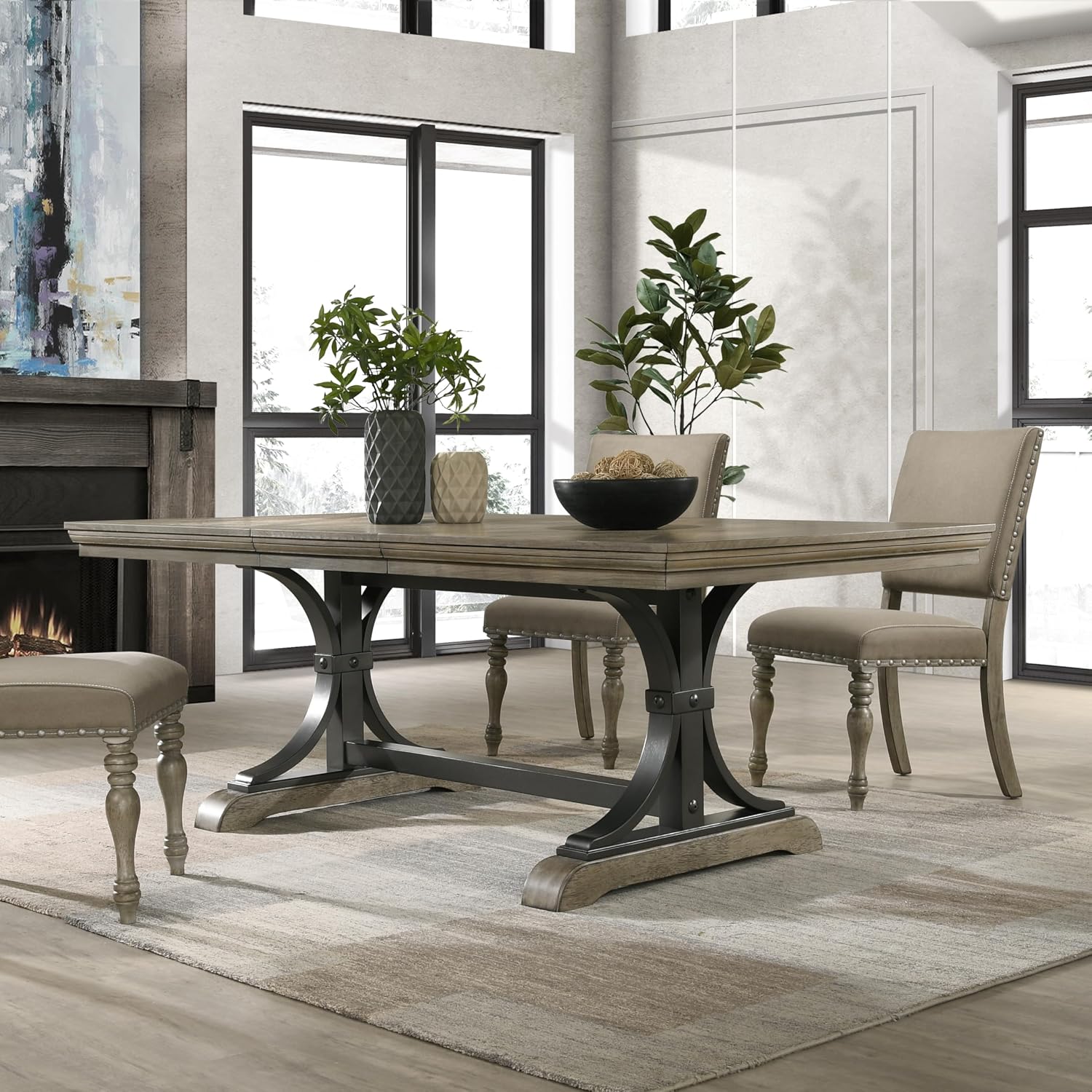 Driftwood Dining Table, Extendable Farmhouse Table with Double Pedestal Base