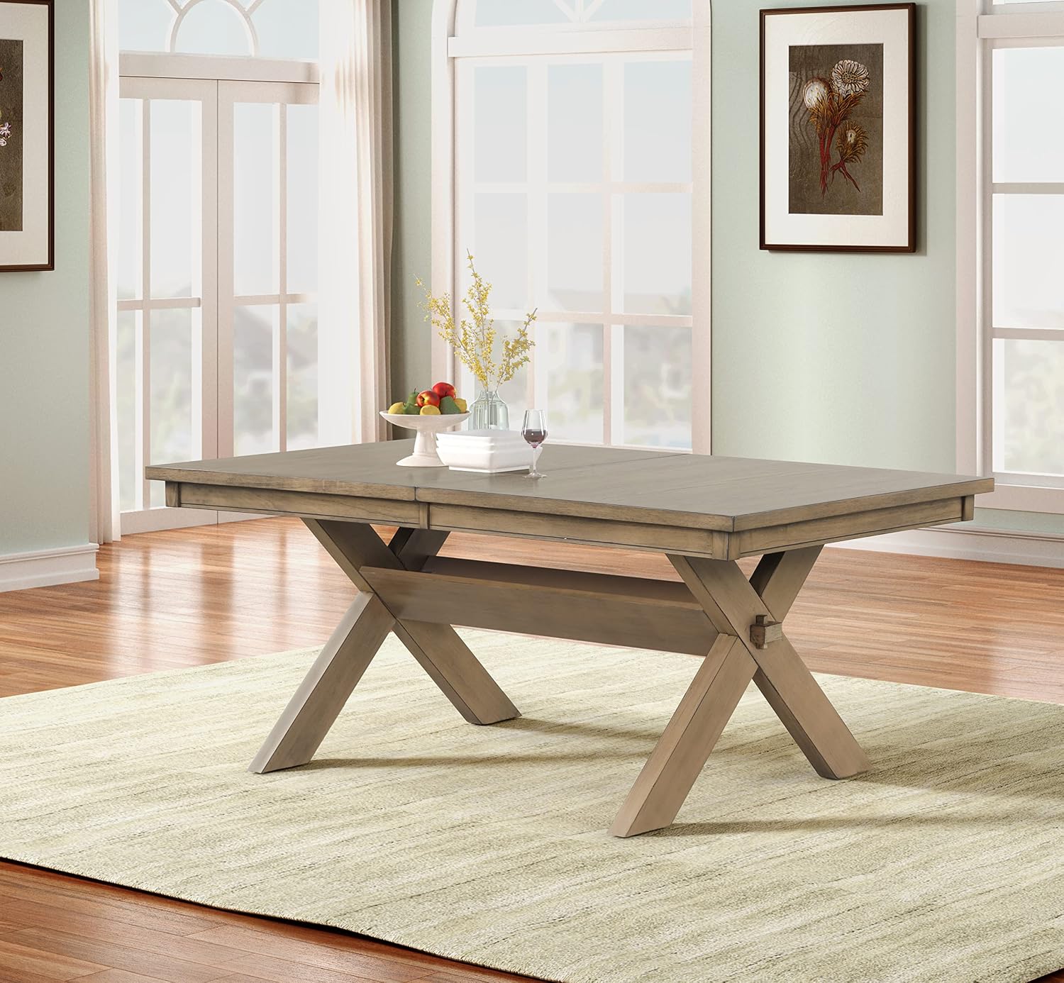 Extendable Farmhouse Dining Table, Rustic Wood Trestle Table with Leaf