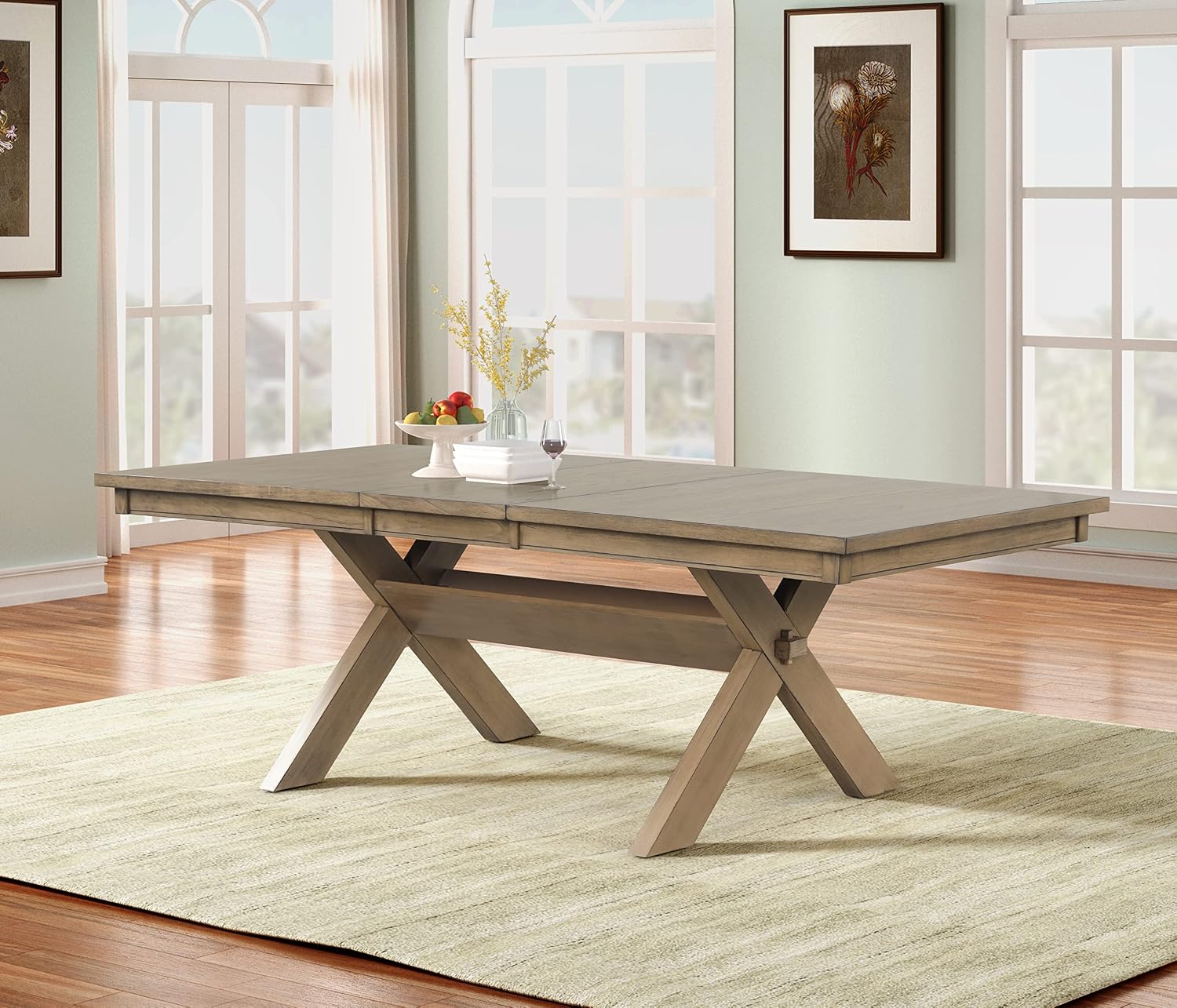Extendable Farmhouse Dining Table, Rustic Wood Trestle Table with Leaf
