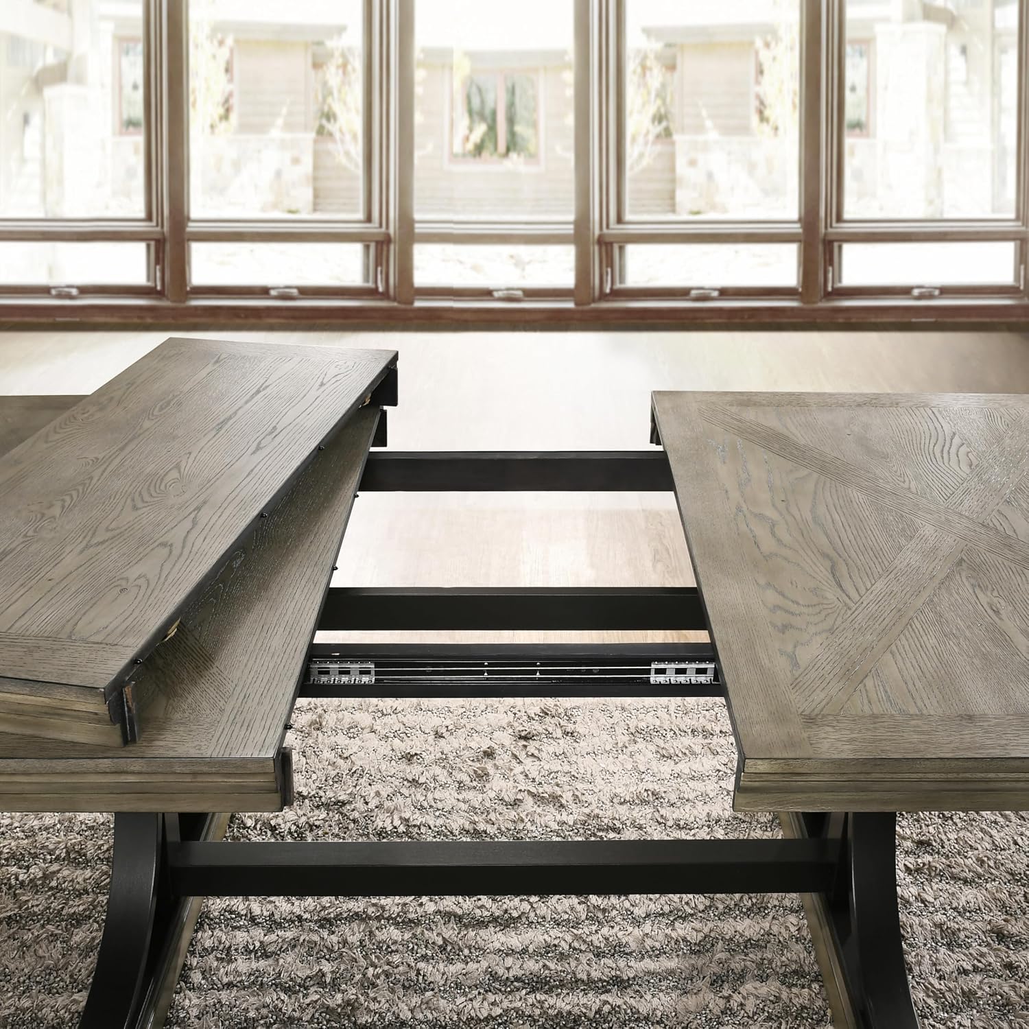 Driftwood Dining Table, Extendable Farmhouse Table with Double Pedestal Base