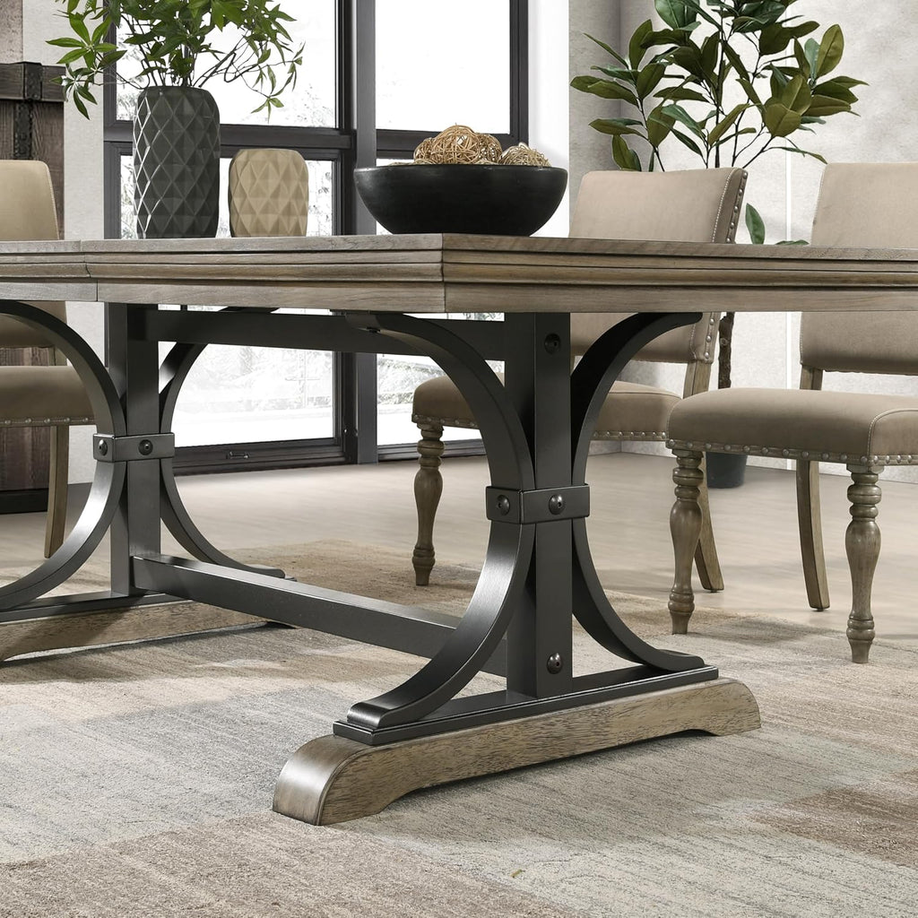 Driftwood Dining Table, Extendable Farmhouse Table with Double Pedestal Base