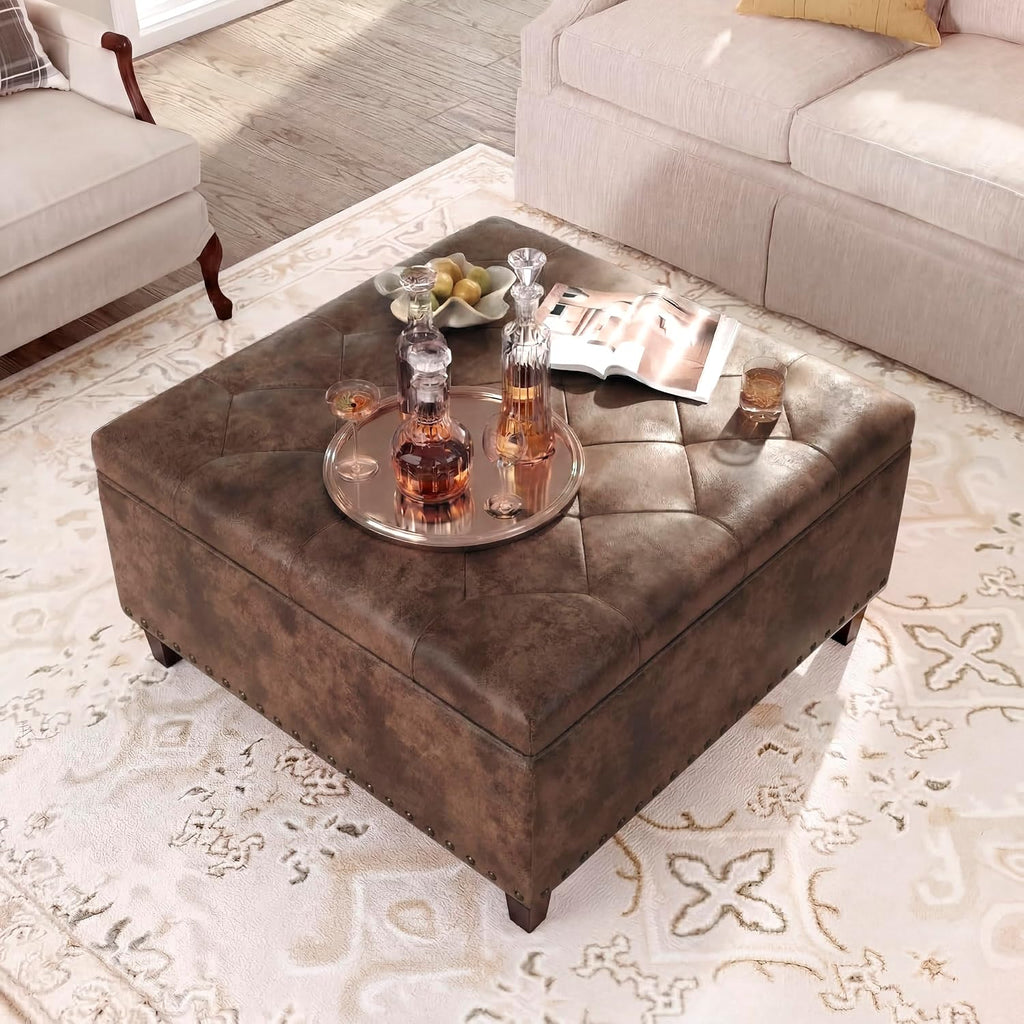 Vintage Leather Storage Ottoman, Padded Footrest & Bench