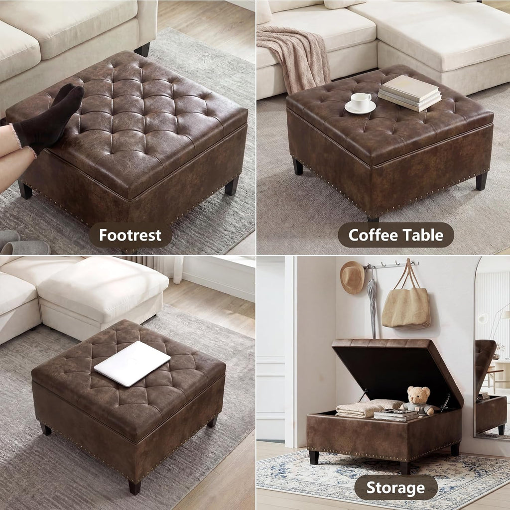 Vintage Leather Storage Ottoman, Padded Footrest & Bench