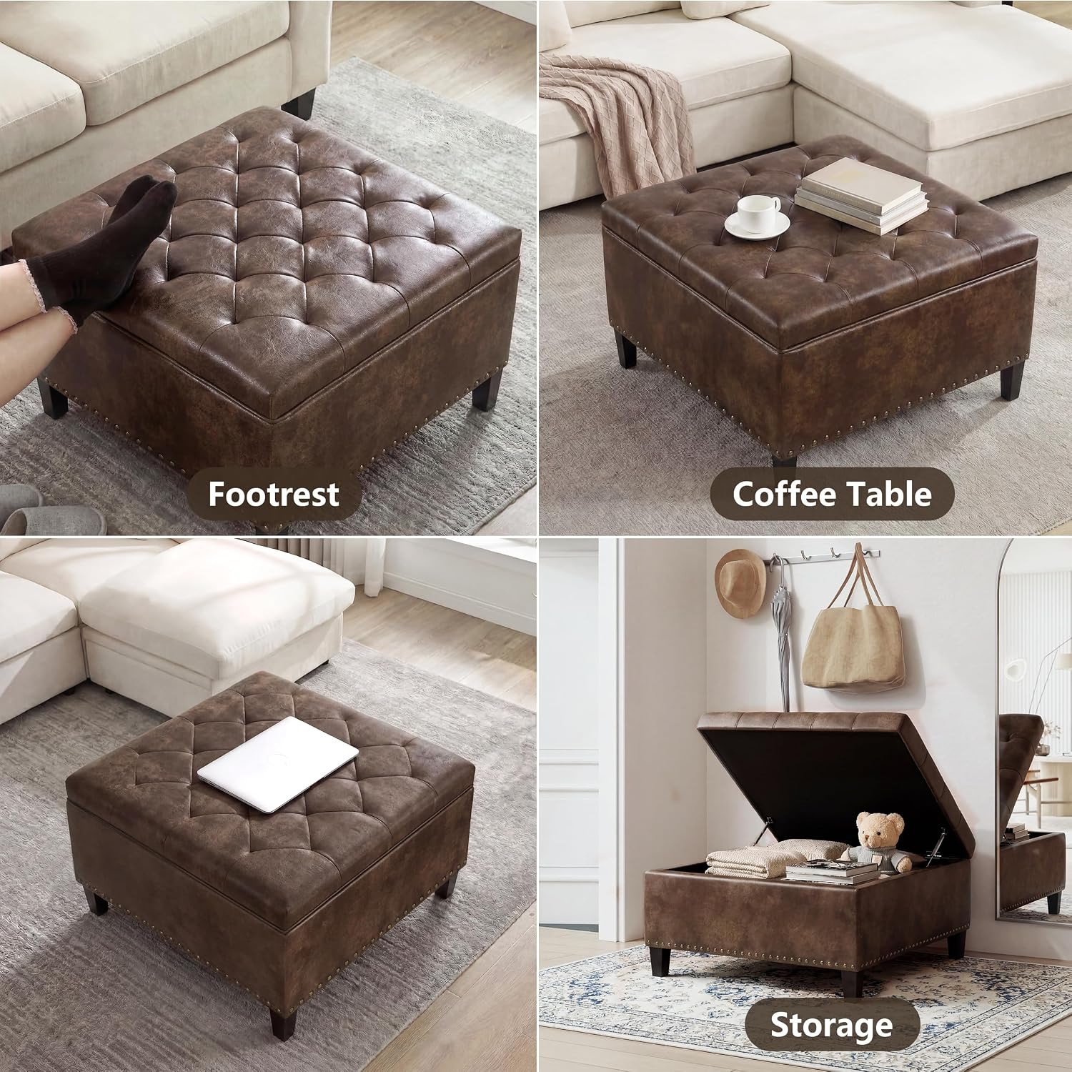 Vintage Leather Storage Ottoman, Padded Footrest & Bench