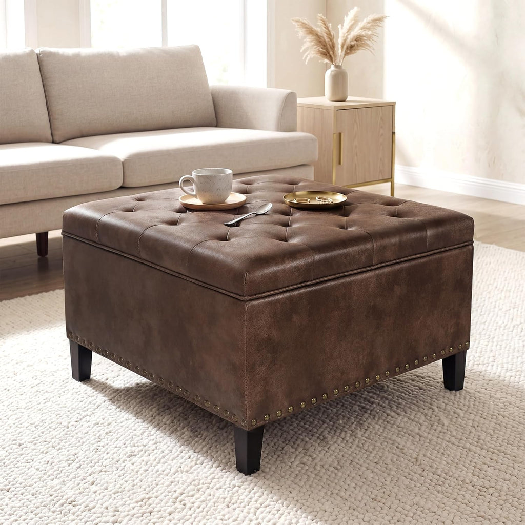 Vintage Leather Storage Ottoman, Padded Footrest & Bench