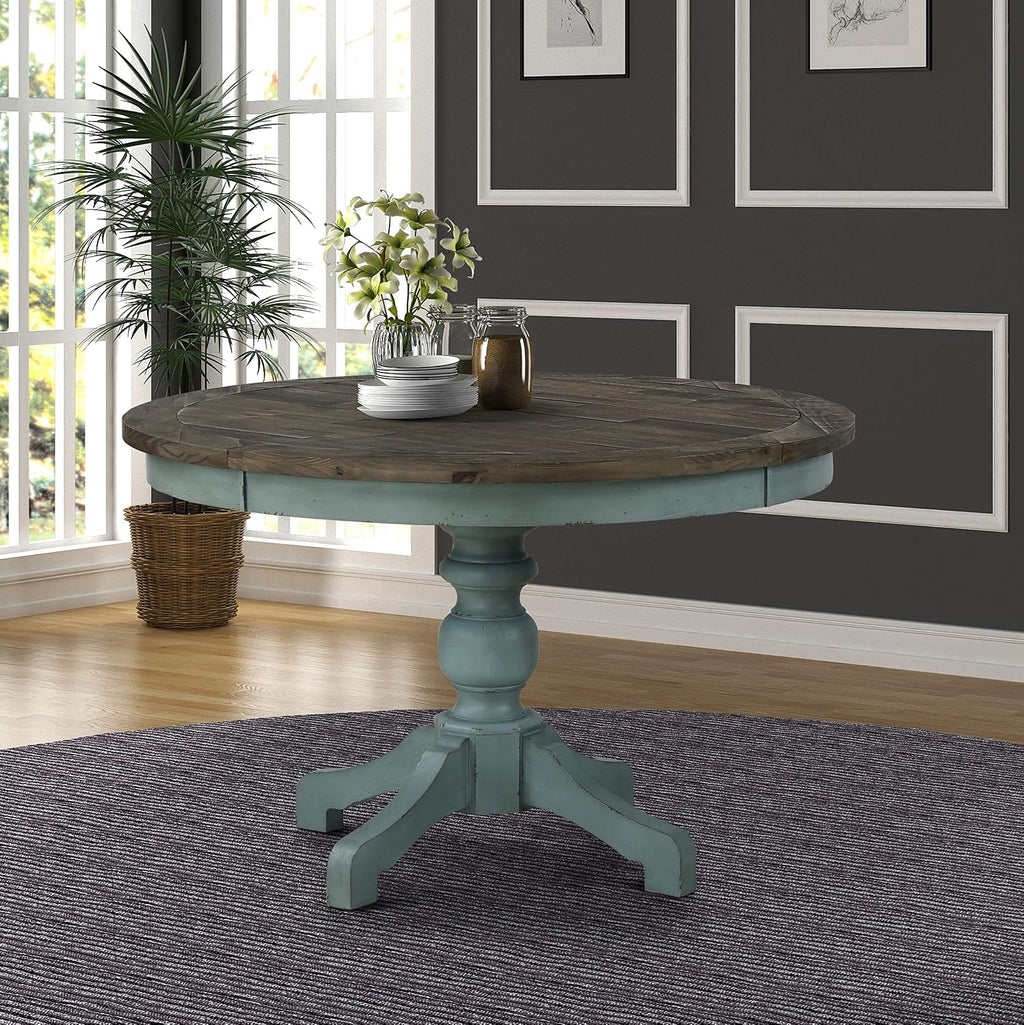 Round Farmhouse Dining Table, Two-Tone Rustic Wood with Pedestal Base