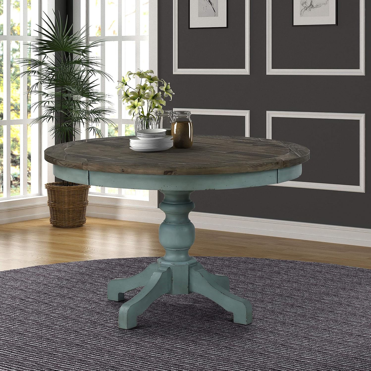 Round Farmhouse Dining Table, Two-Tone Rustic Wood with Pedestal Base